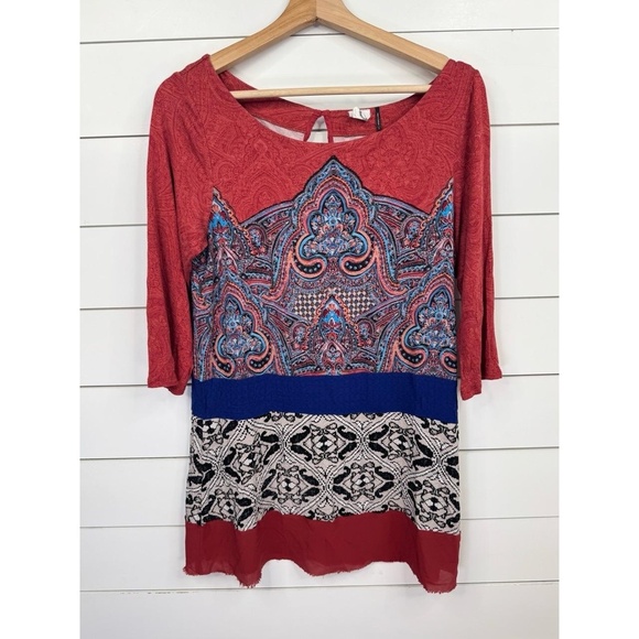 Akemi + Kin Anthro Multi-Color Tunic Top 3/4 Sleeve Sz S Boho Festival Folk Art - Picture 2 of 11